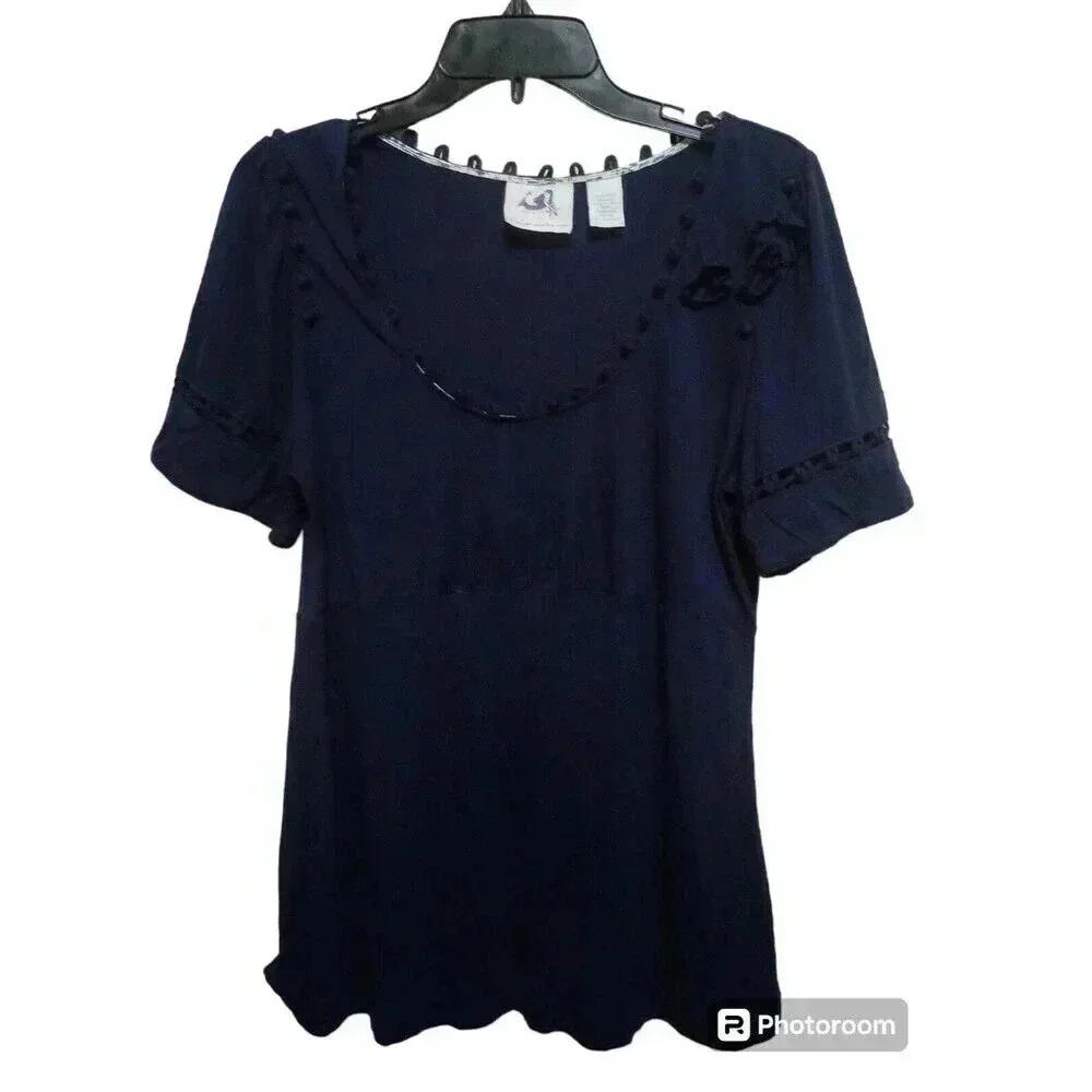 ANTHROPOLOGIE Mermaid‎ Top Blue Short Sleeve 3D Flowers 100% Modal Size XL